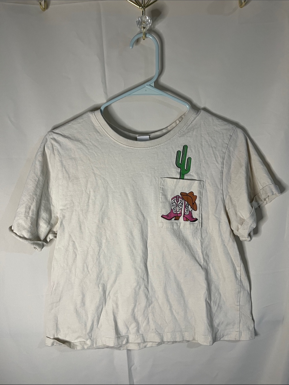 Womens Cream Short-Sleeve Tee with Pink Cowboy Boot & Cactus Pocket Graphic